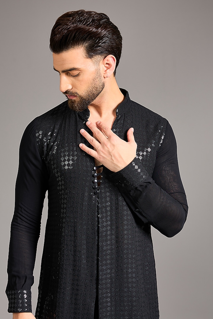 Black Georgette Sequins Embroidered Kurta Set by Rabani & Rakha Men at Pernia's Pop Up Shop