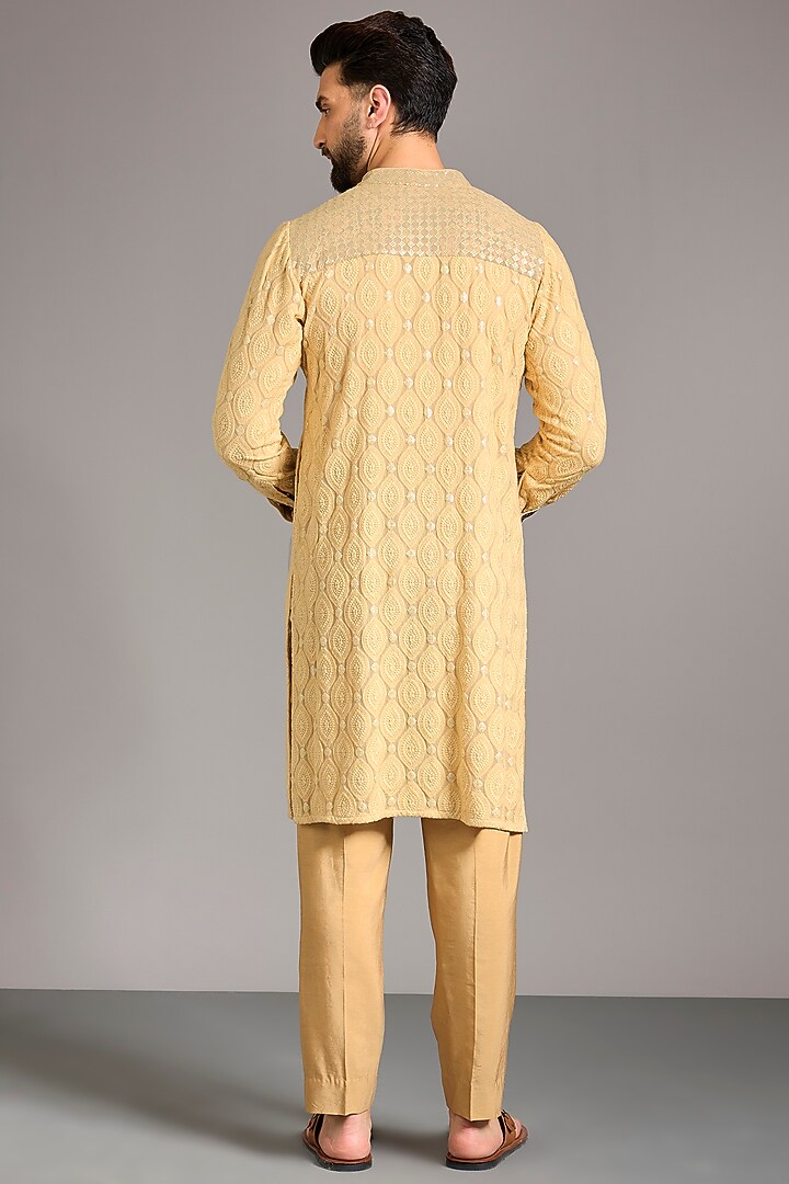 Gold Georgette Printed & Thread Embroidered Kurta Set by Rabani & Rakha Men at Pernia's Pop Up Shop