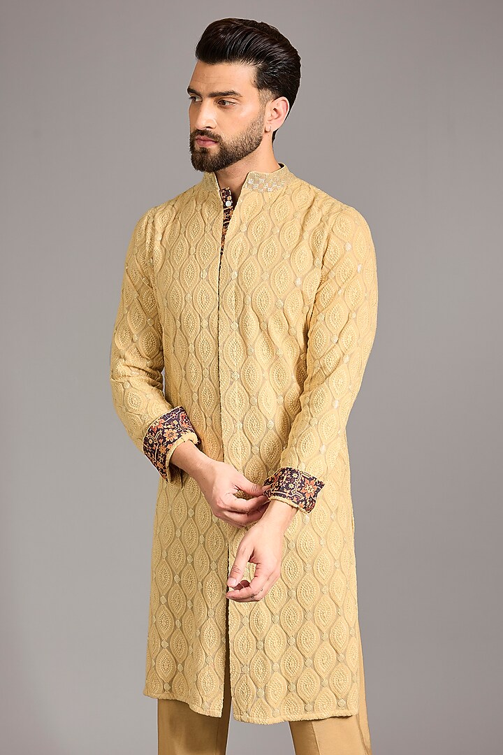 Gold Georgette Printed & Thread Embroidered Kurta Set by Rabani & Rakha Men at Pernia's Pop Up Shop