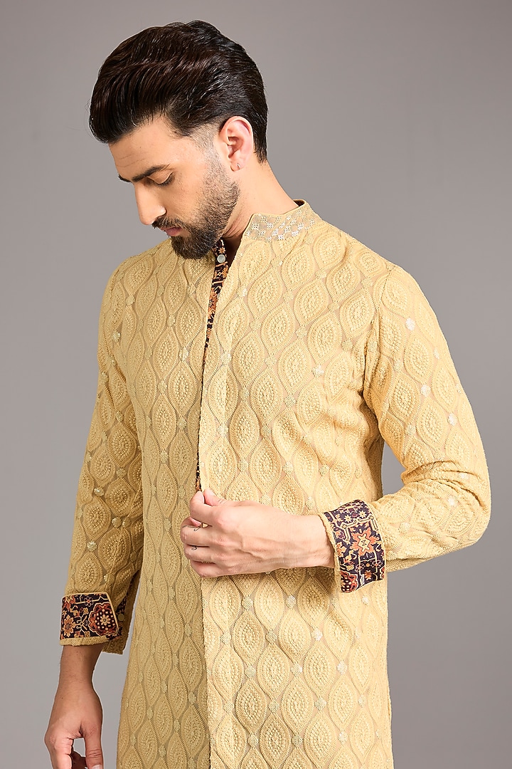 Gold Georgette Printed & Thread Embroidered Kurta Set by Rabani & Rakha Men at Pernia's Pop Up Shop