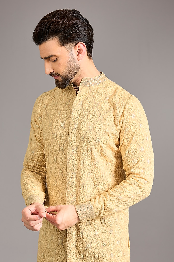 Gold Georgette Printed & Thread Embroidered Kurta Set by Rabani & Rakha Men at Pernia's Pop Up Shop