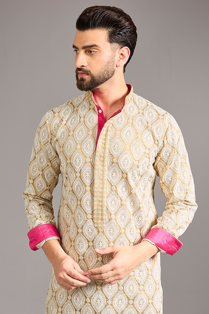Gold Georgette Thread Work Kurta Set by Rabani & Rakha Men at Pernia's Pop Up Shop