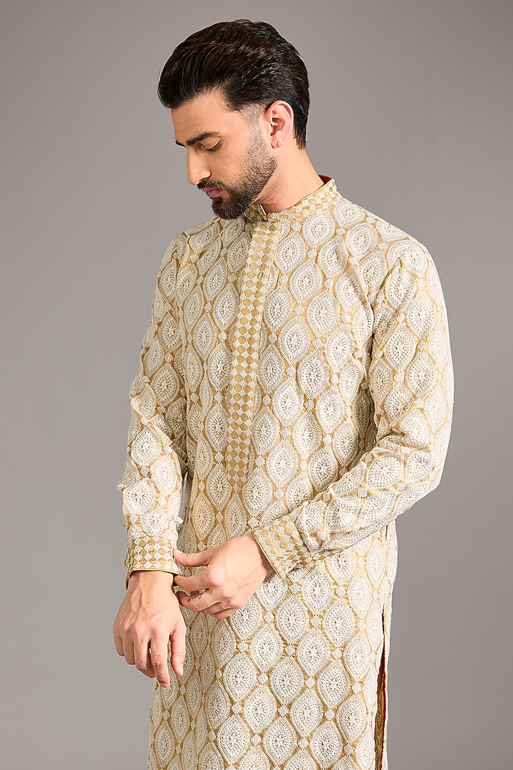Gold Georgette Thread Work Kurta Set by Rabani & Rakha Men at Pernia's Pop Up Shop