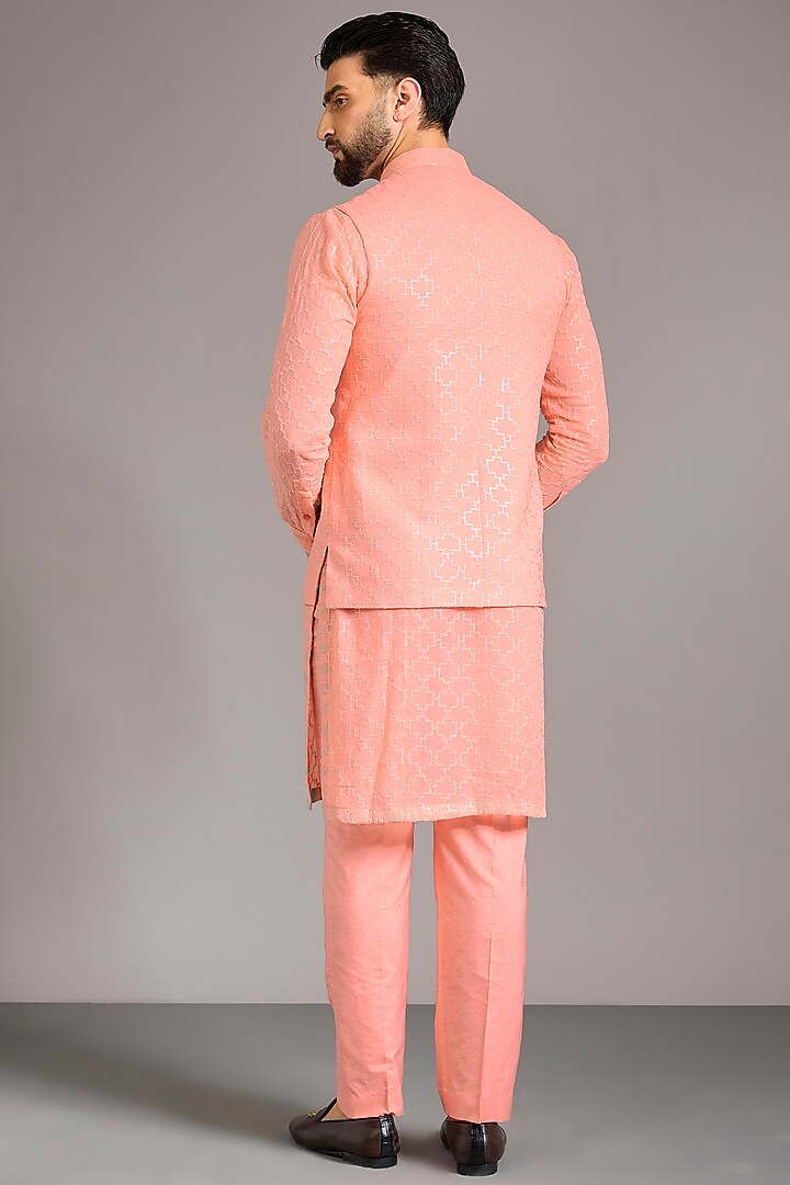 Rose Peach Georgette Printed & Sequins Embroidered Bundi Jacket Set by Rabani & Rakha Men at Pernia's Pop Up Shop