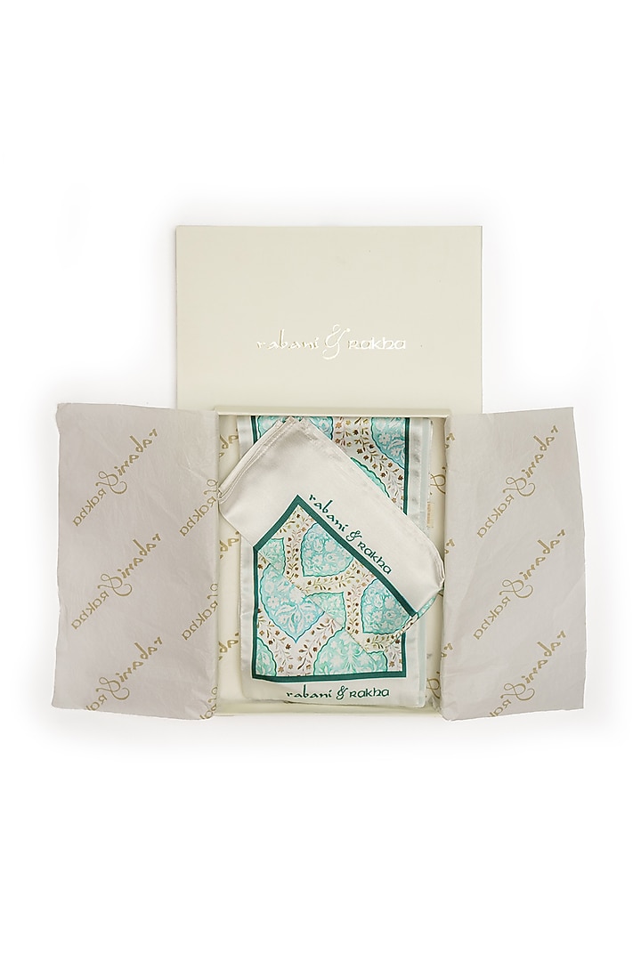Aqua Satin Printed Pocket Square & Neck Stole Gift Box by Rabani & Rakha Men at Pernia's Pop Up Shop