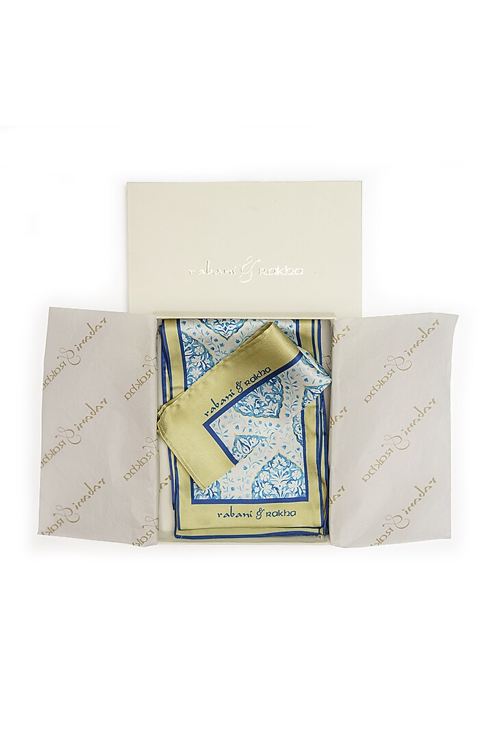 Blue Satin Printed Pocket Square & Neck Stole Gift Box by Rabani & Rakha Men at Pernia's Pop Up Shop