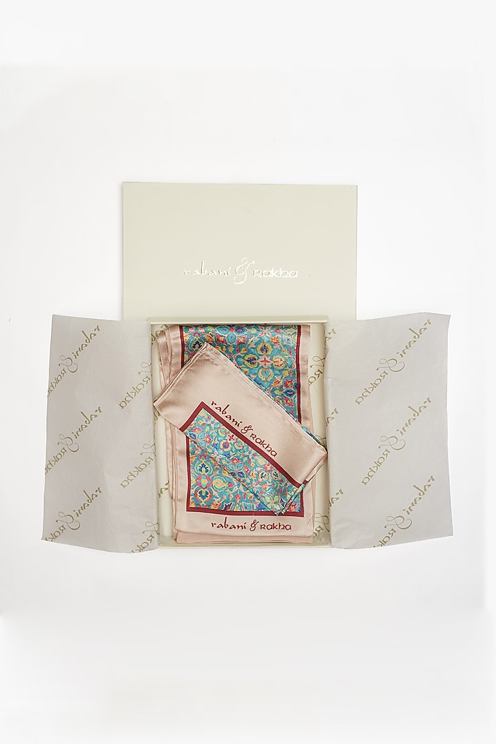 Turquoise Satin Printed Pocket Square & Neck Stole Gift Box by Rabani & Rakha Men at Pernia's Pop Up Shop
