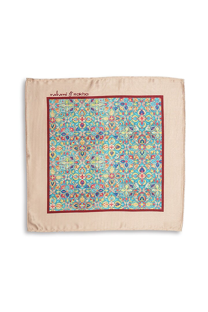 Turquoise Satin Printed Pocket Square & Neck Stole Gift Box by Rabani & Rakha Men at Pernia's Pop Up Shop