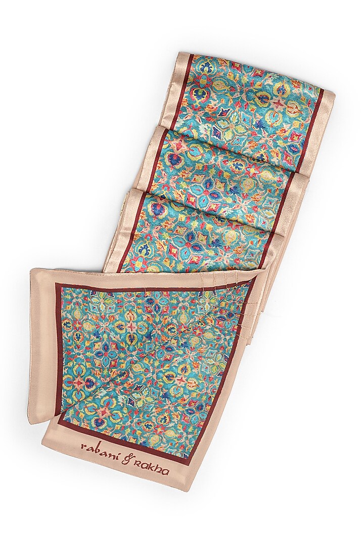 Turquoise Satin Printed Pocket Square & Neck Stole Gift Box by Rabani & Rakha Men at Pernia's Pop Up Shop
