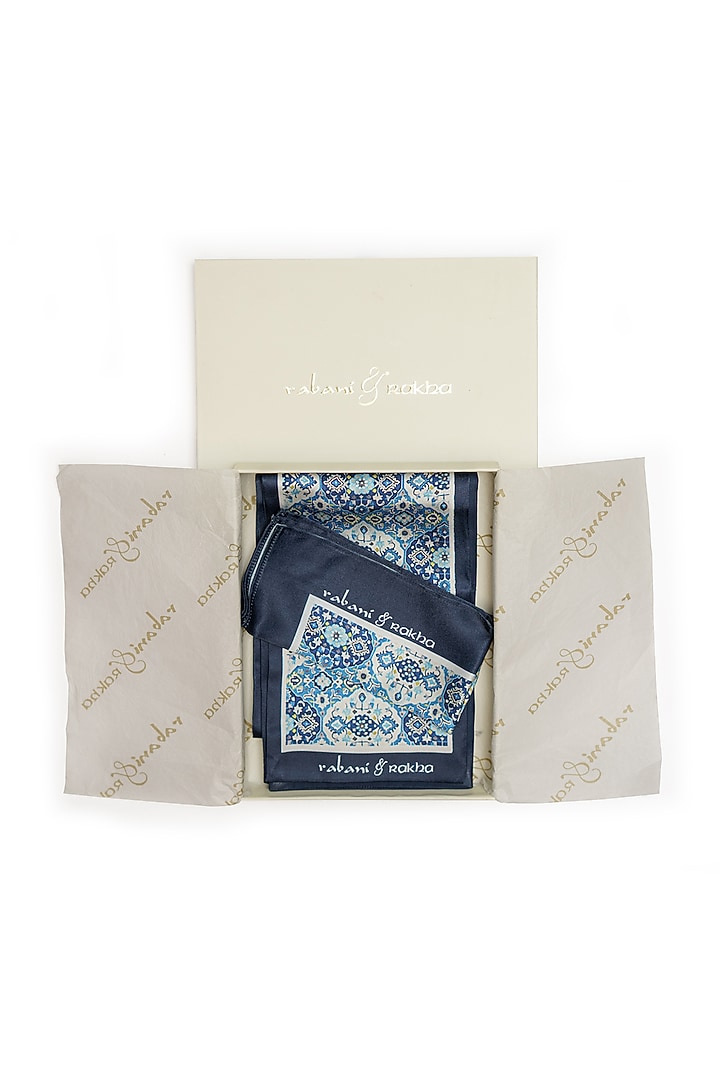Dark Blue Satin Printed Pocket Square & Neck Stole Gift Box by Rabani & Rakha Men at Pernia's Pop Up Shop