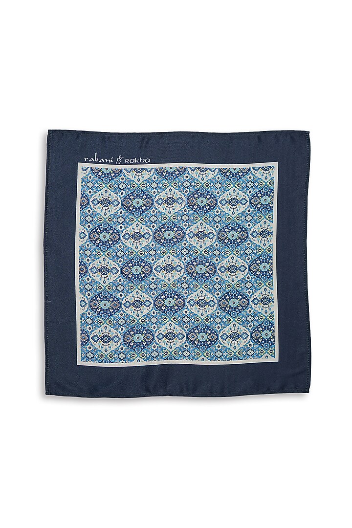 Dark Blue Satin Printed Pocket Square & Neck Stole Gift Box by Rabani & Rakha Men at Pernia's Pop Up Shop