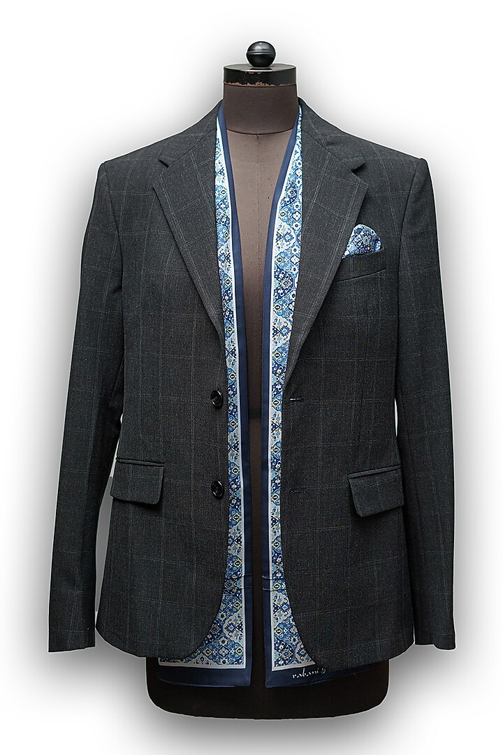 Dark Blue Satin Printed Pocket Square & Neck Stole Gift Box by Rabani & Rakha Men at Pernia's Pop Up Shop