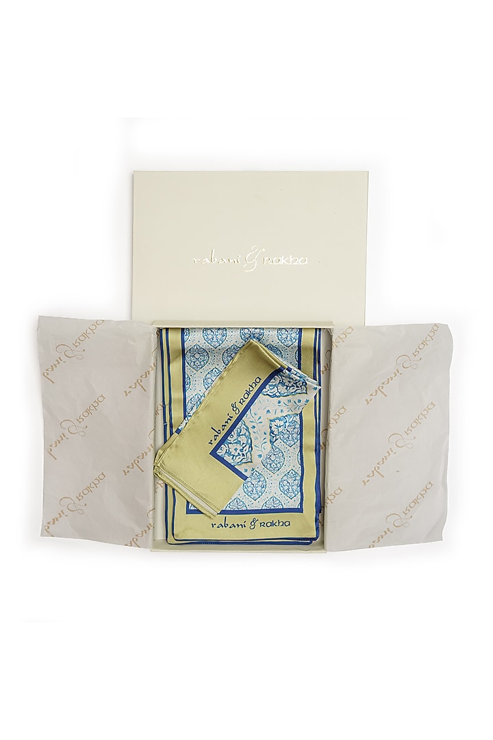 Blue Satin Printed Pocket Square & Neck Stole Gift Box by Rabani & Rakha Men at Pernia's Pop Up Shop
