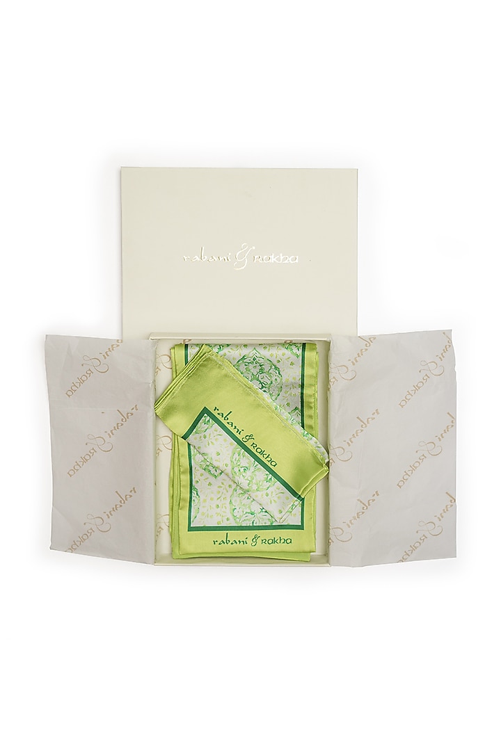 Lime Satin Printed Pocket Square & Neck Stole Gift Box by Rabani & Rakha Men