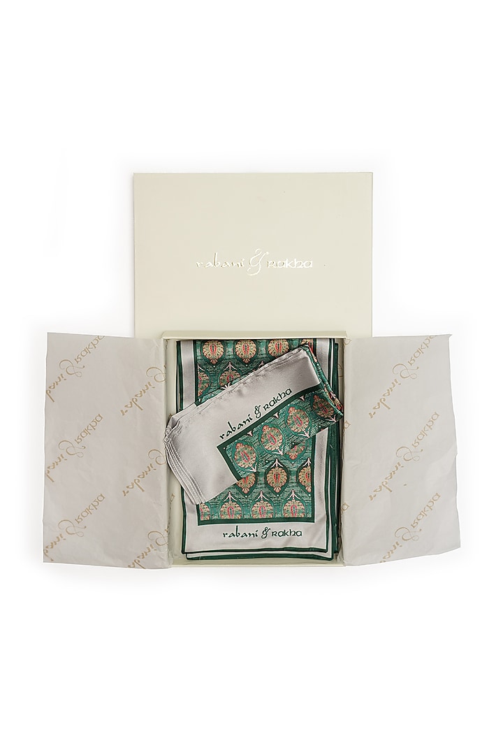 Green Satin Printed Pocket Square & Neck Stole Gift Box by Rabani & Rakha Men