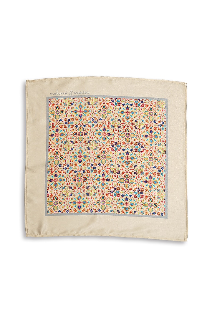 Beige Satin Printed Pocket Square & Neck Stole Gift Box by Rabani & Rakha Men at Pernia's Pop Up Shop