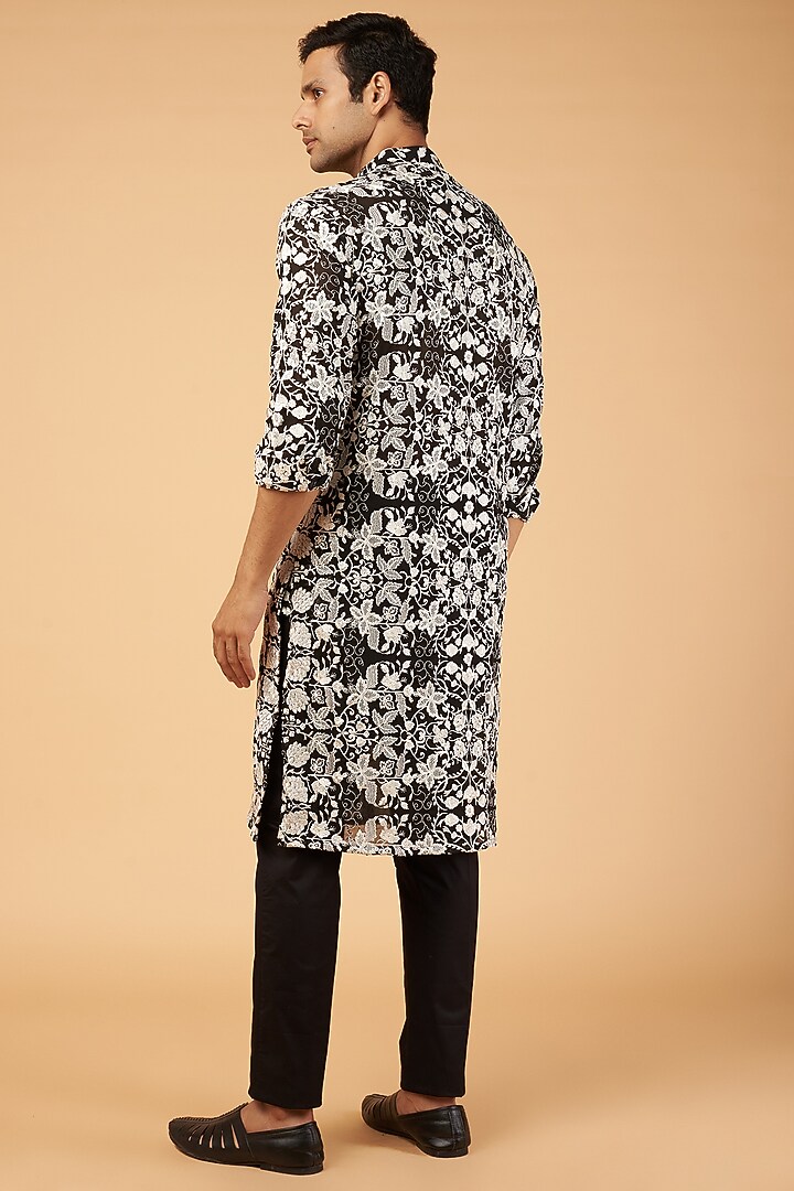 Black Georgette Embroidered Kurta Set by Rabani & Rakha Men at Pernia's Pop Up Shop