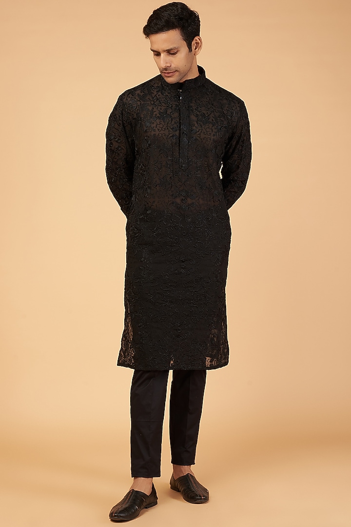 Black Georgette Embroidered Kurta Set by Rabani & Rakha Men at Pernia's Pop Up Shop