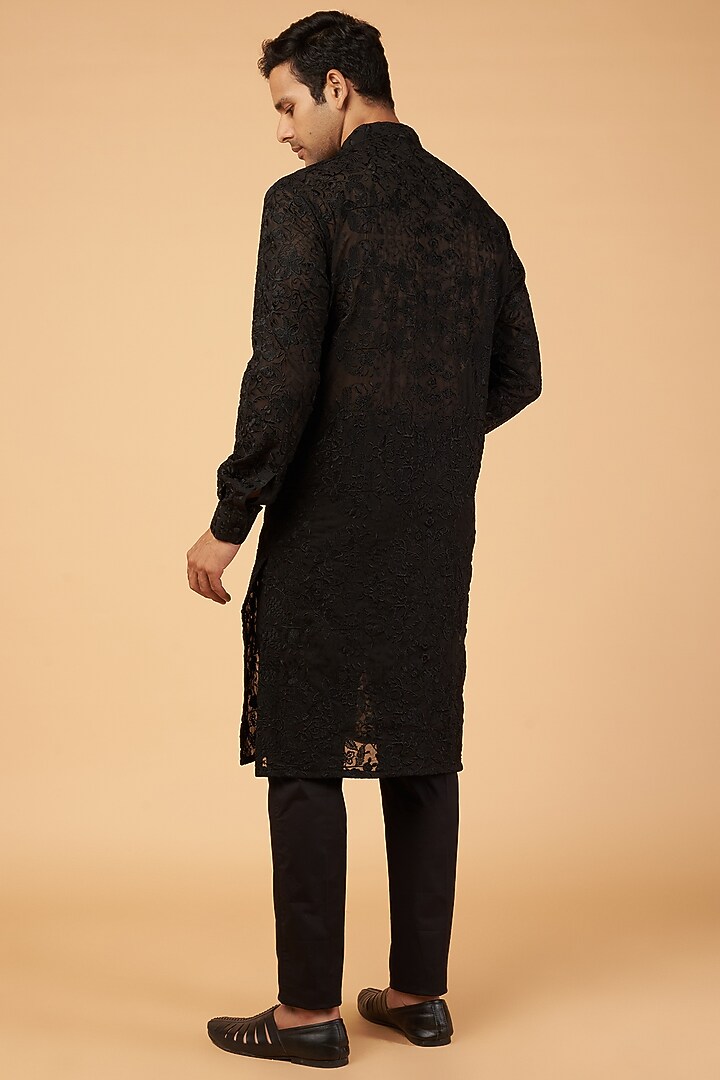 Black Georgette Embroidered Kurta Set by Rabani & Rakha Men at Pernia's Pop Up Shop