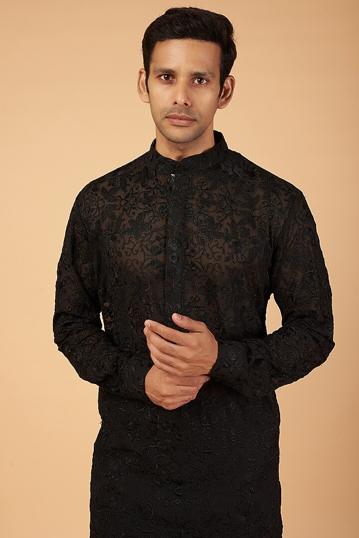 Black Georgette Embroidered Kurta Set by Rabani & Rakha Men at Pernia's Pop Up Shop