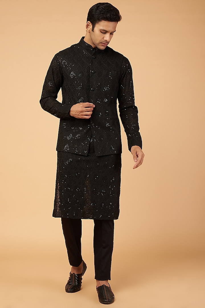 Black Georgette Embroidered Bundi Jacket Set by Rabani & Rakha Men