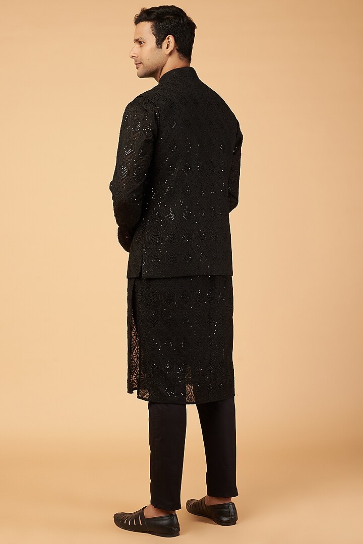 Black Georgette Embroidered Bundi Jacket Set by Rabani & Rakha Men at Pernia's Pop Up Shop