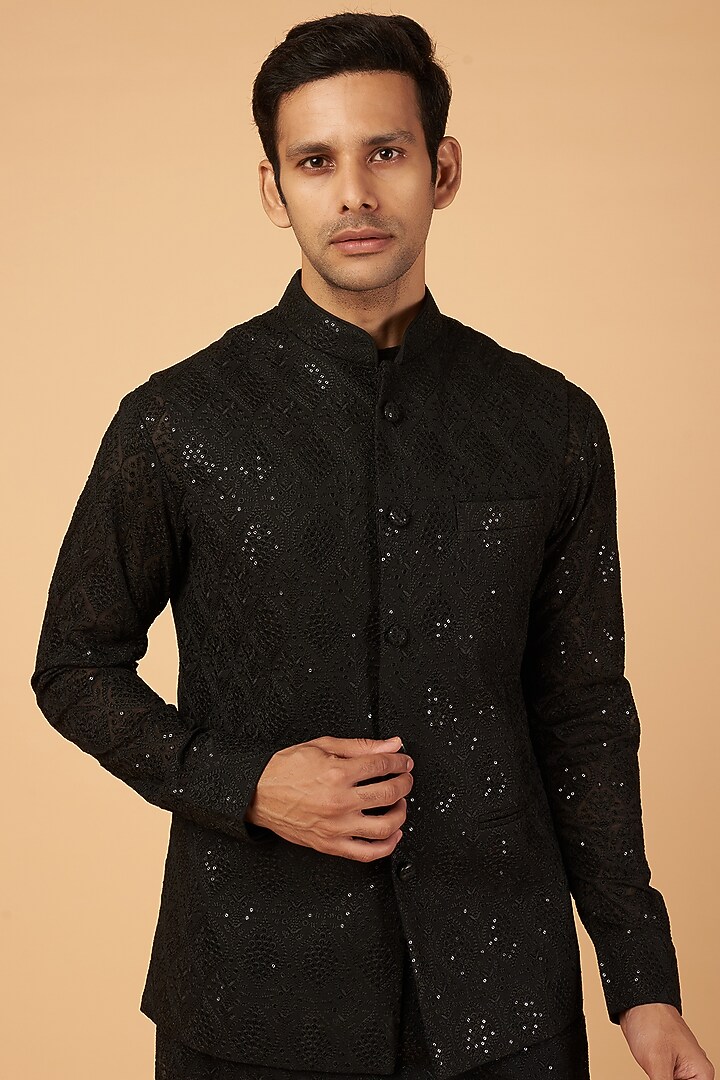 Black Georgette Embroidered Bundi Jacket Set by Rabani & Rakha Men at Pernia's Pop Up Shop