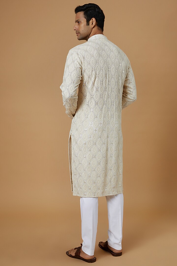 White Georgette Chikankari Hand Embroidered Kurta Set by Rabani & Rakha Men at Pernia's Pop Up Shop