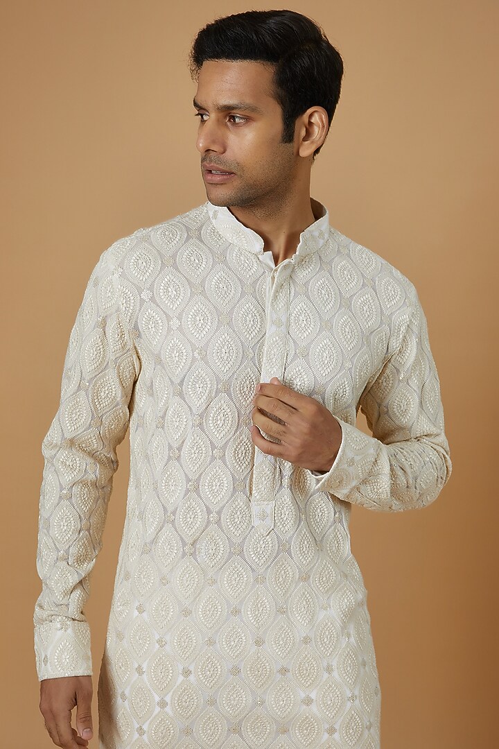 White Georgette Chikankari Hand Embroidered Kurta Set by Rabani & Rakha Men at Pernia's Pop Up Shop
