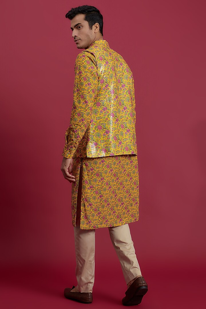 Mustard Crepe Printed & Embroidered Bundi Set by Rabani & Rakha Men at Pernia's Pop Up Shop