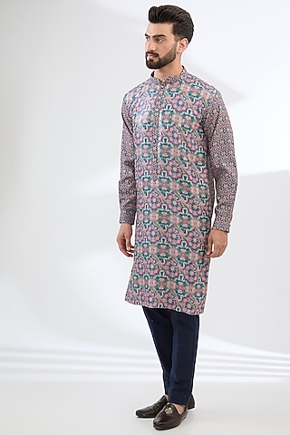 Multi-Colored Georgette Swan Printed Kurta Set by Rabani & Rakha Men