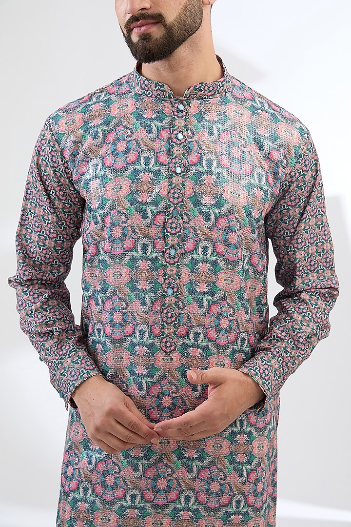 Multi-Colored Georgette Swan Printed Kurta Set by Rabani & Rakha Men at Pernia's Pop Up Shop