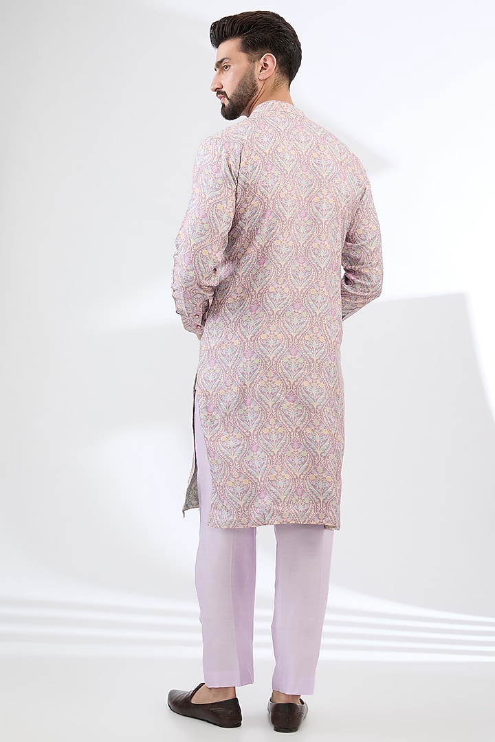 Pink Dola Silk Printed & Thread Embroidered Kurta Set by Rabani & Rakha Men at Pernia's Pop Up Shop