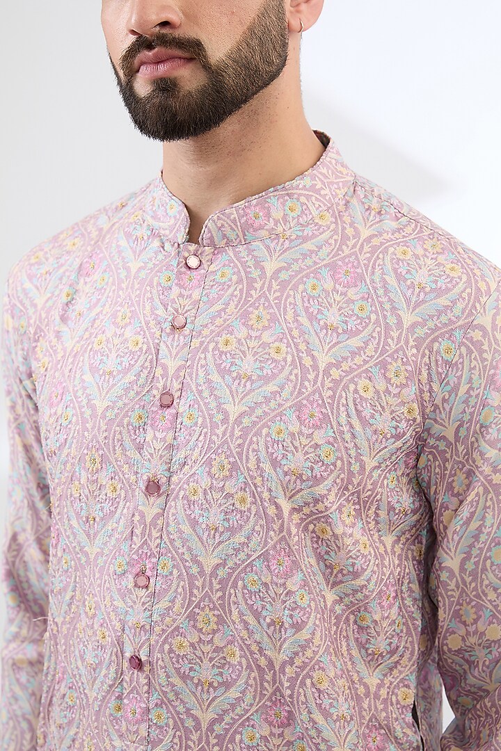 Pink Dola Silk Printed & Thread Embroidered Kurta Set by Rabani & Rakha Men at Pernia's Pop Up Shop