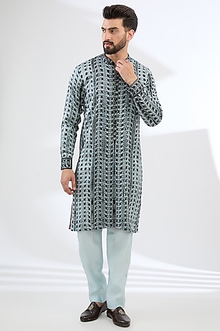 Black Silk Shibori Printed Kurta Set by Rabani & Rakha Men