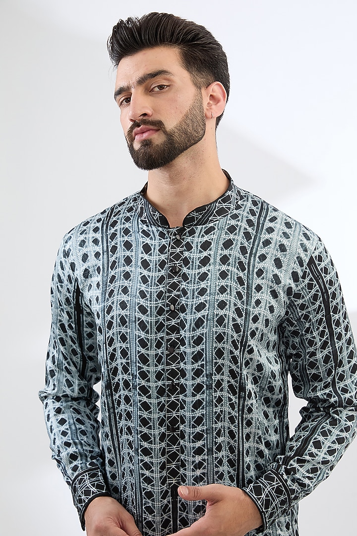 Black Silk Shibori Printed Kurta Set by Rabani & Rakha Men at Pernia's Pop Up Shop