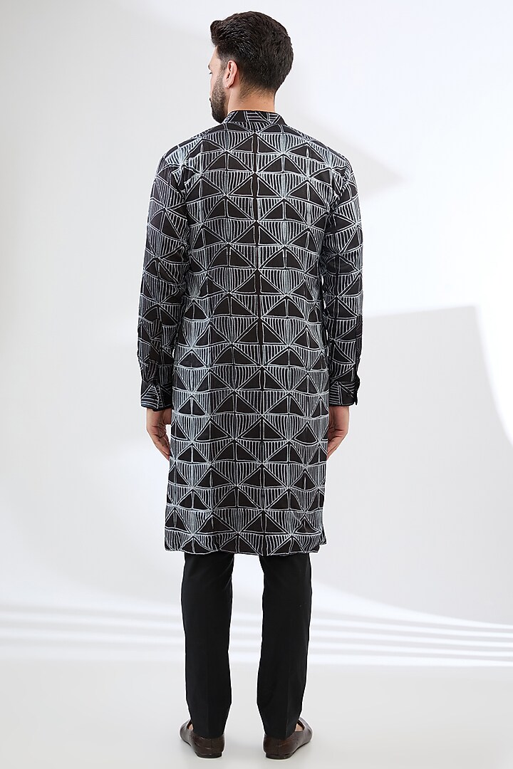 Black & Grey Silk Shibori Printed Kurta Set by Rabani & Rakha Men at Pernia's Pop Up Shop