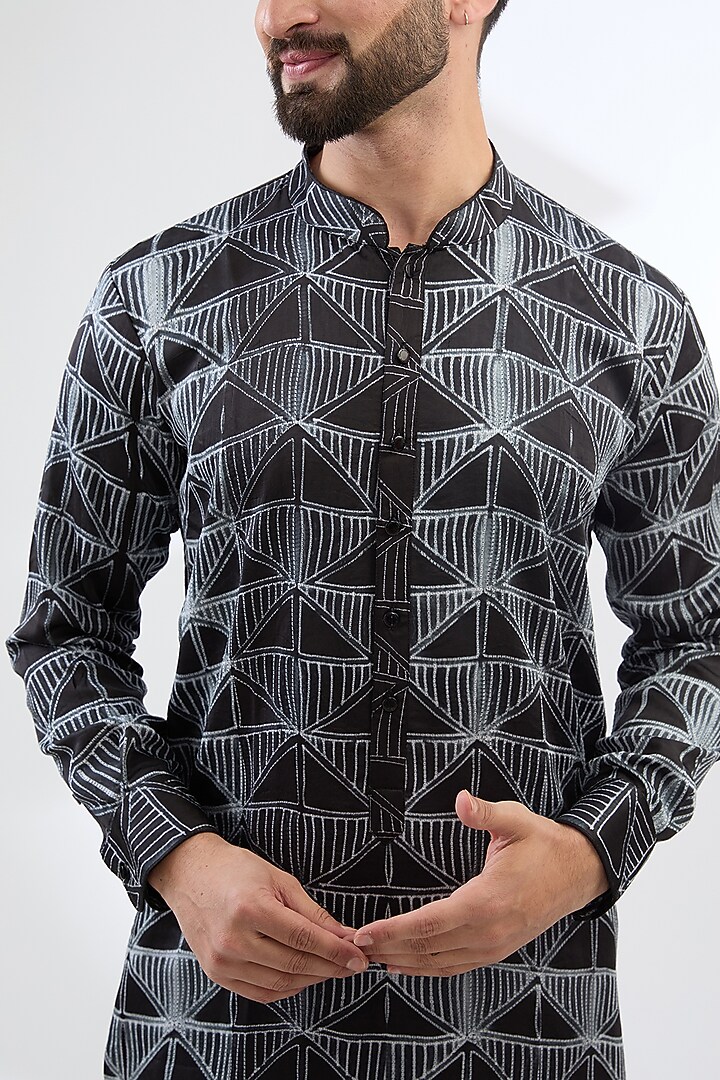 Black & Grey Silk Shibori Printed Kurta Set by Rabani & Rakha Men at Pernia's Pop Up Shop
