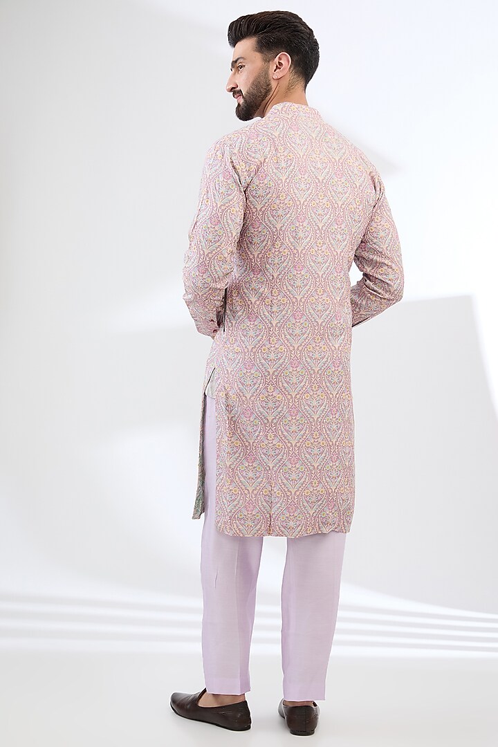Pink Silk Printed & Thread Embroidered Kurta Set by Rabani & Rakha Men at Pernia's Pop Up Shop