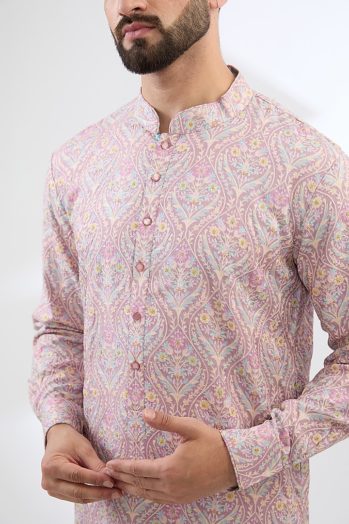 Pink Silk Printed & Thread Embroidered Kurta Set by Rabani & Rakha Men at Pernia's Pop Up Shop