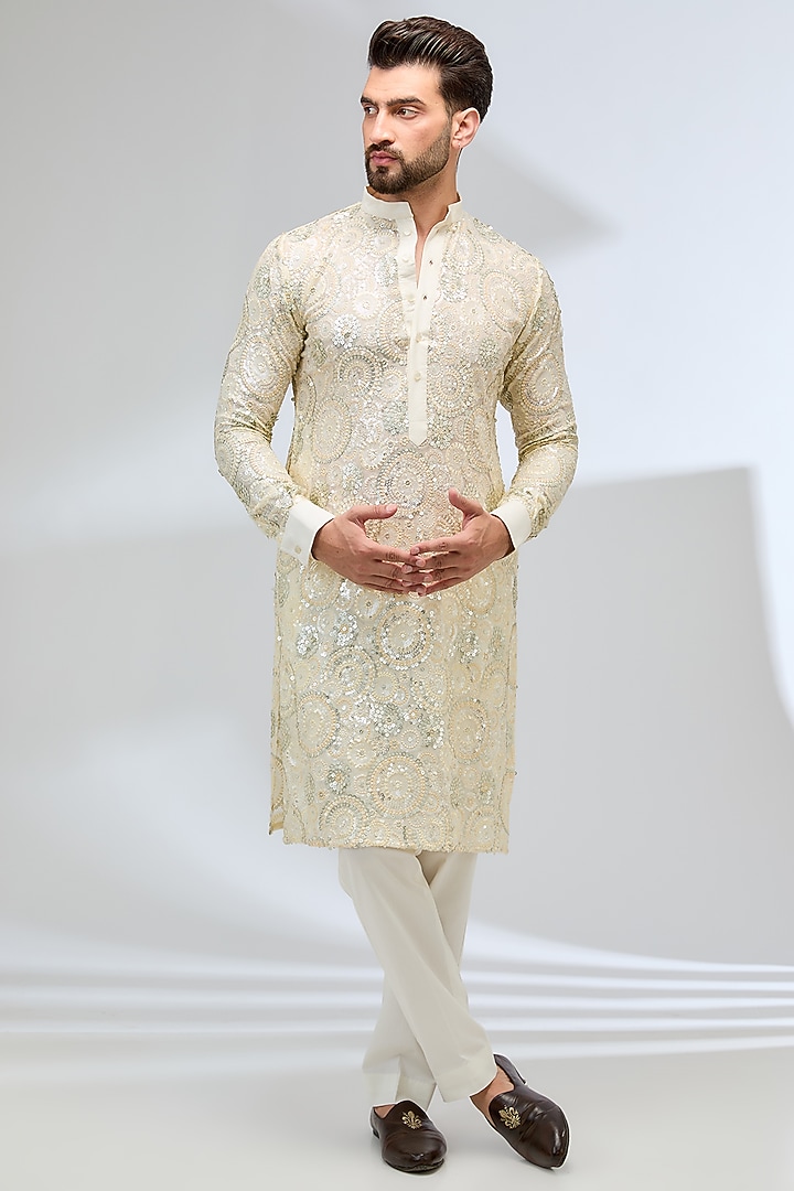 Ivory Georgette Sequins Embroidered Kurta Set by Rabani & Rakha Men at Pernia's Pop Up Shop