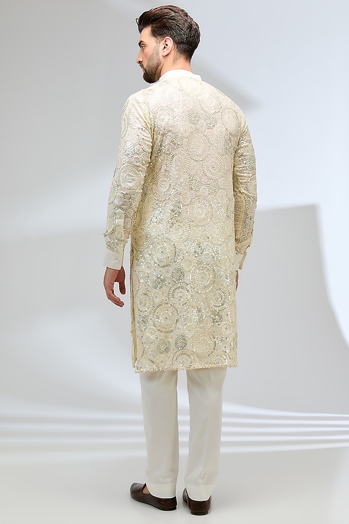 Ivory Georgette Sequins Embroidered Kurta Set by Rabani & Rakha Men at Pernia's Pop Up Shop