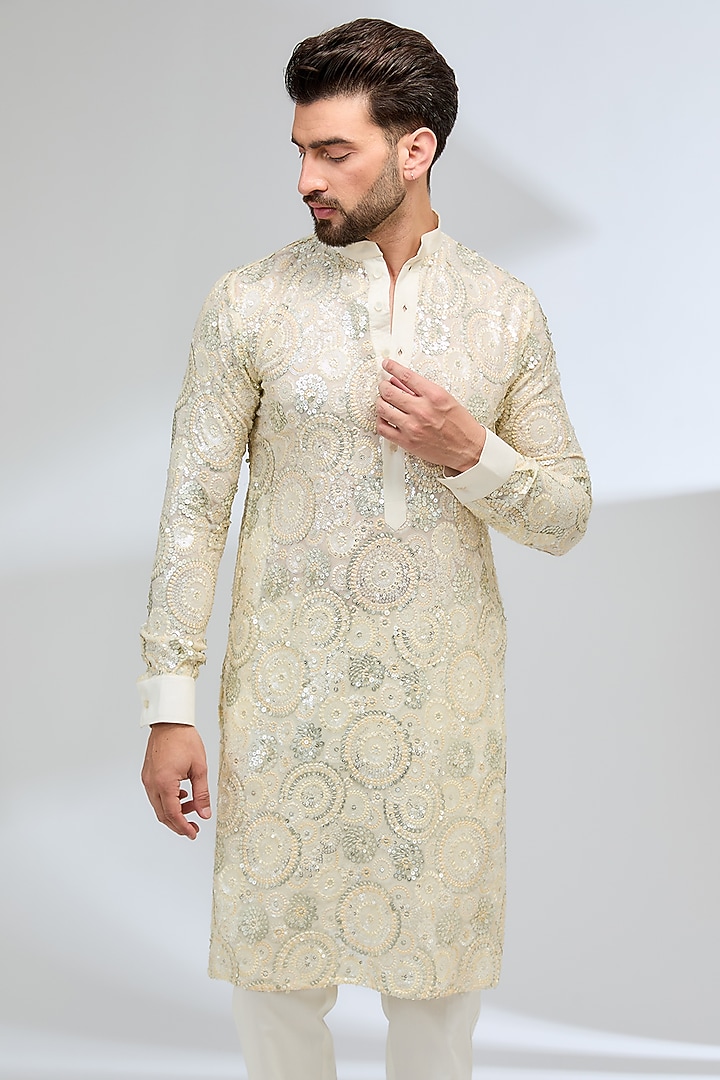 Ivory Georgette Sequins Embroidered Kurta Set by Rabani & Rakha Men at Pernia's Pop Up Shop
