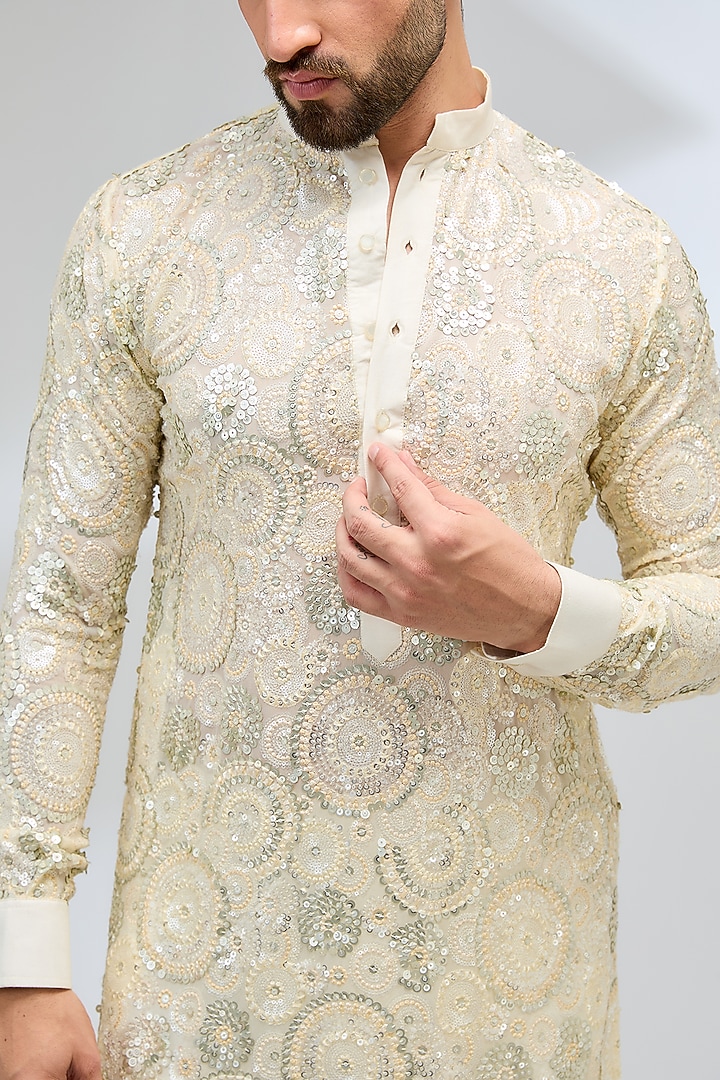 Ivory Georgette Sequins Embroidered Kurta Set by Rabani & Rakha Men at Pernia's Pop Up Shop