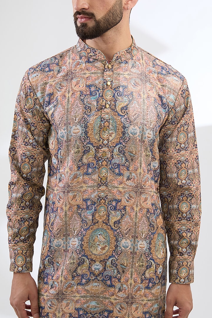 Multi-Colored Georgette Bird Printed Kurta Set by Rabani & Rakha Men at Pernia's Pop Up Shop