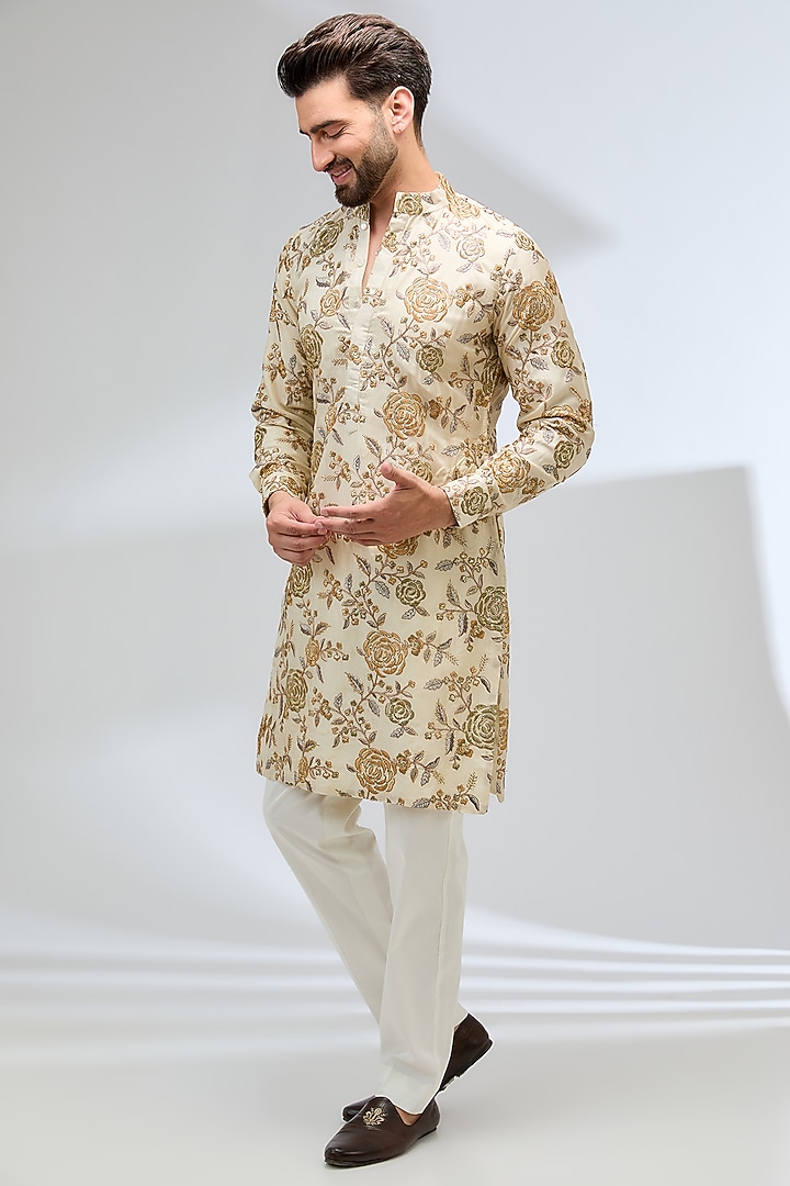 Cream Silk Resham Embroidered Kurta Set by Rabani & Rakha Men at Pernia's Pop Up Shop