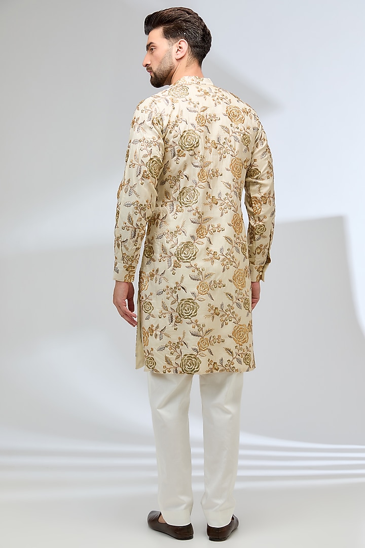 Cream Silk Resham Embroidered Kurta Set by Rabani & Rakha Men at Pernia's Pop Up Shop