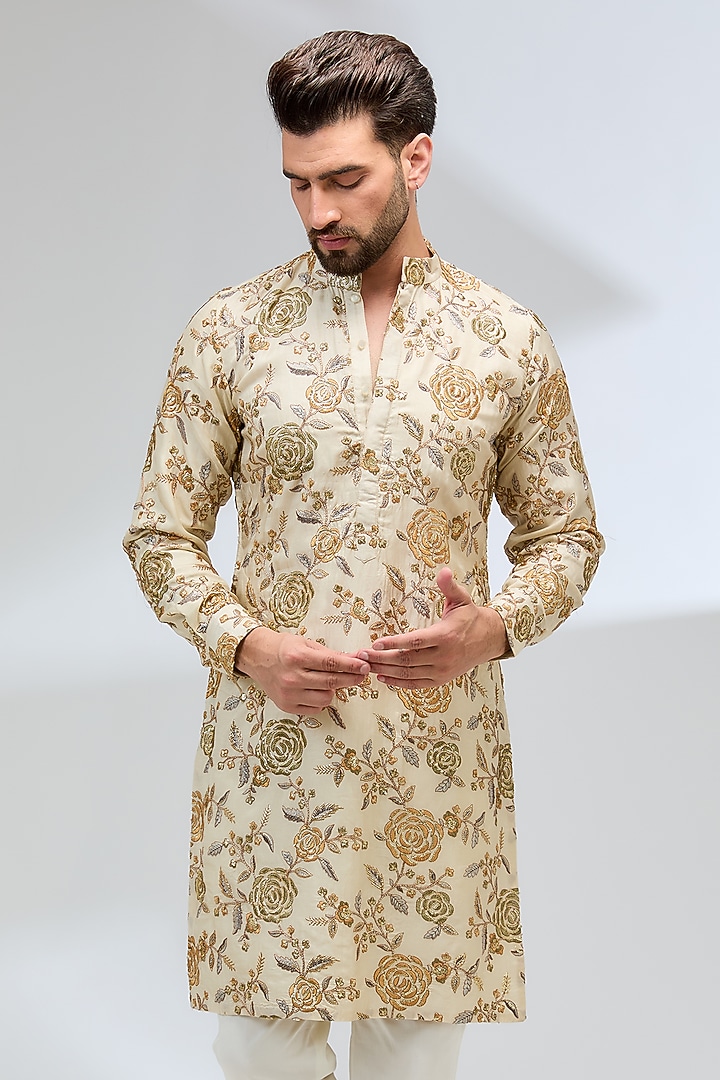 Cream Silk Resham Embroidered Kurta Set by Rabani & Rakha Men at Pernia's Pop Up Shop