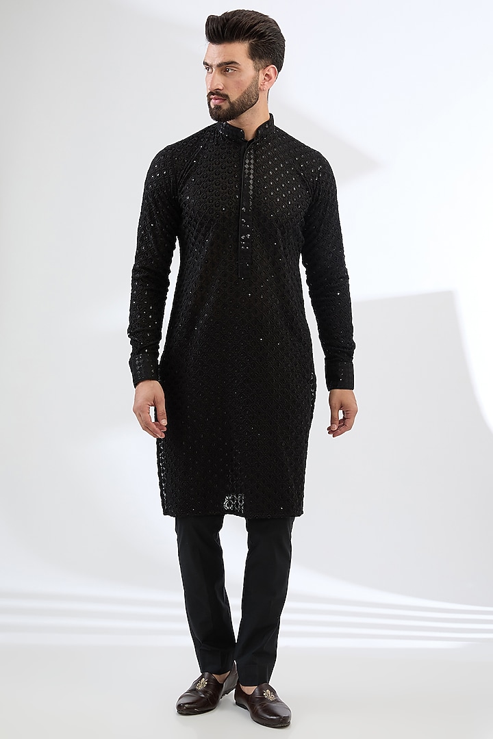 Black Georgette Thread Embroidered Kurta Set by Rabani & Rakha Men at Pernia's Pop Up Shop