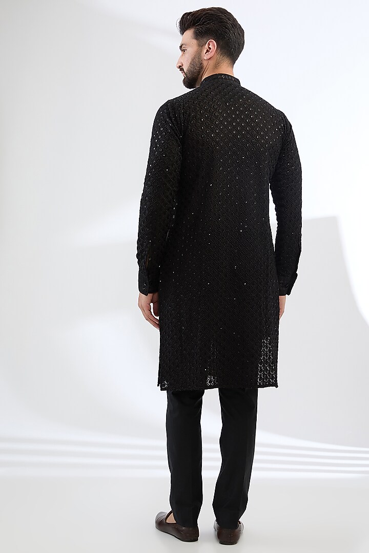 Black Georgette Thread Embroidered Kurta Set by Rabani & Rakha Men at Pernia's Pop Up Shop
